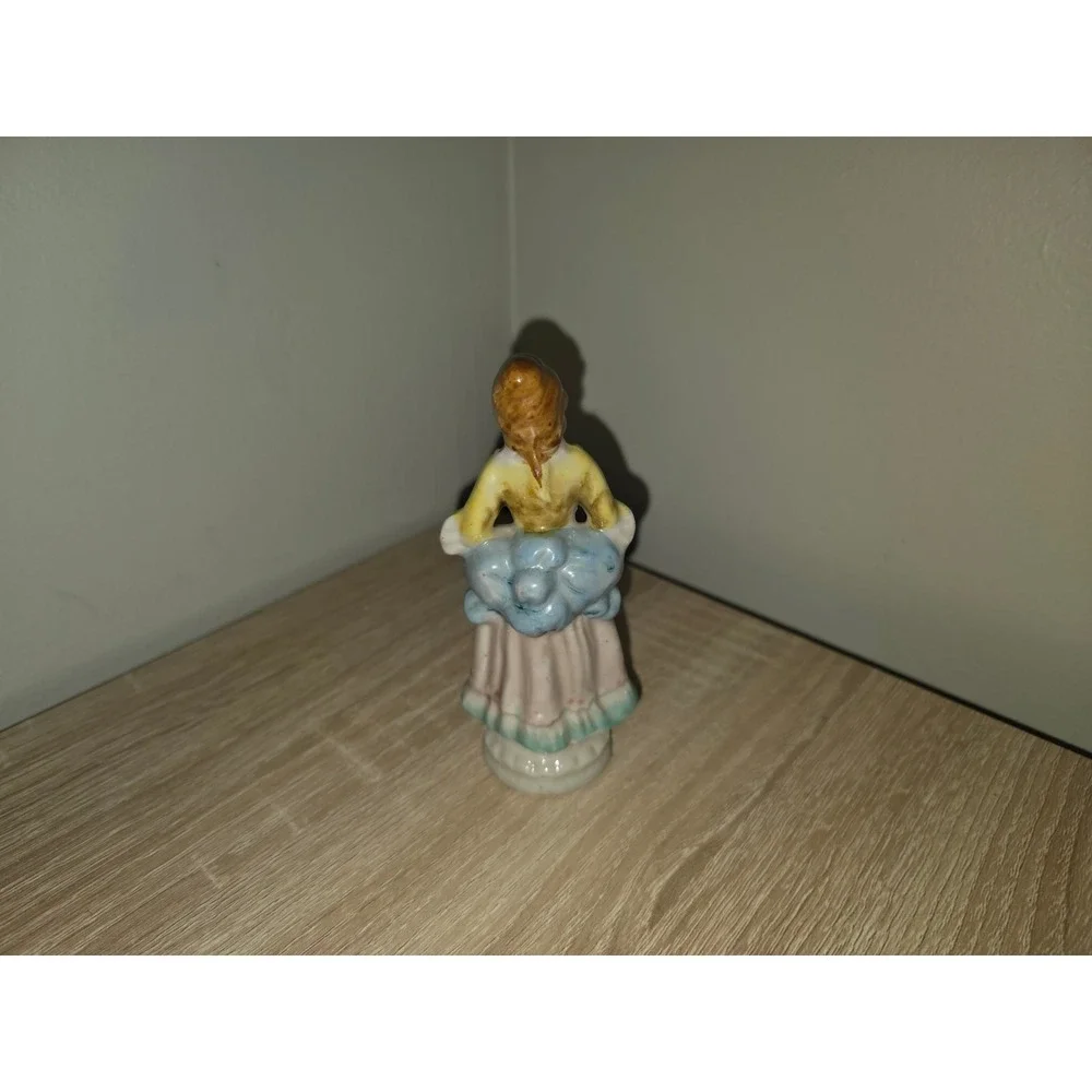 Vintage Hand Painted Porcelain Colonial‎ Lady Figurine Blue Pink Yellow Japan